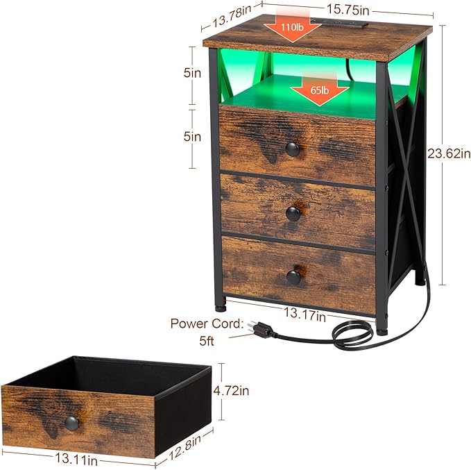 AMHANCIBLE Night Stand Set 2, LED Nightstand with Charging Station, End Side Tables with USB Port & Outlet, Bedside Tables with Fabric Drawers for Bedroom Living Room, Rustic Brown HET053LBR