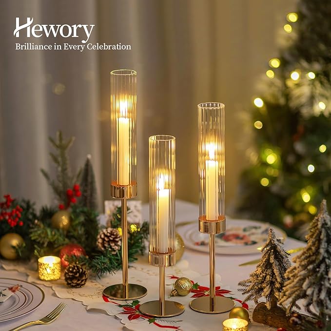 Hewory Gold Taper Candle Holders: Candlestick Holders Set of 6 Hurricane Glass Tall Candle Holder for Candlesticks Candle Sticks Holder Decor for Table Centerpiece Wedding Party Christmas Decorations