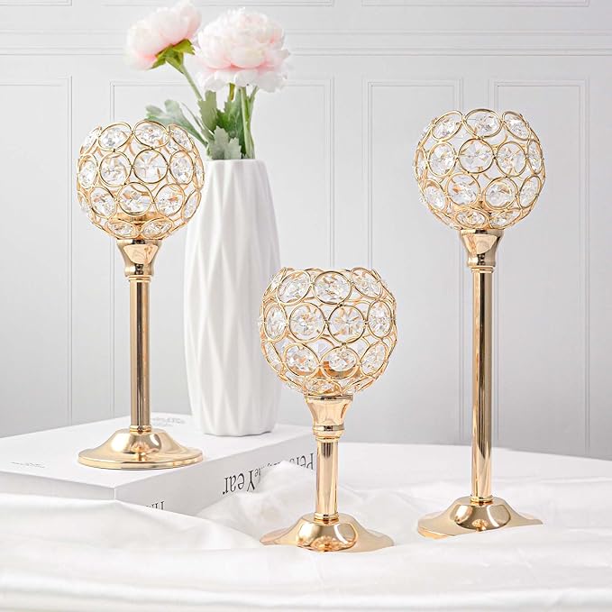 Elegant Crystal Candle Set of 6- Gold Tealight Holders, Votive Candelabras & Bowl Centerpiece Bulk for Dining Table, Wedding Decor
