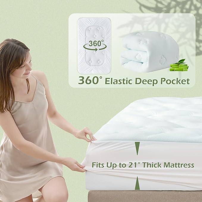 Hansleep Twin Mattress Topper Viscose Derived from Bamboo, Memory Foam Pillow Top Mattress Topper Twin with Deep Pocket, Breathable Mattress Pad for Back Pain Relief, 39" x 75", White