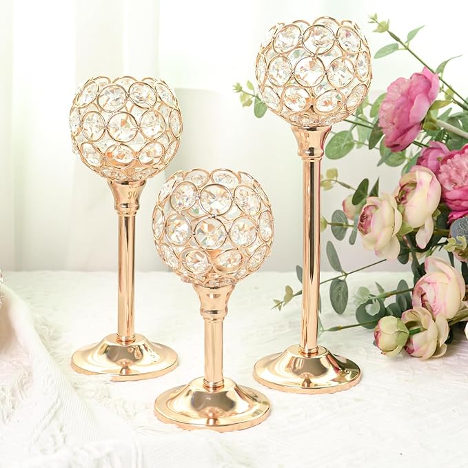 Elegant Crystal Candle Set of 6- Gold Tealight Holders, Votive Candelabras & Bowl Centerpiece Bulk for Dining Table, Wedding Decor