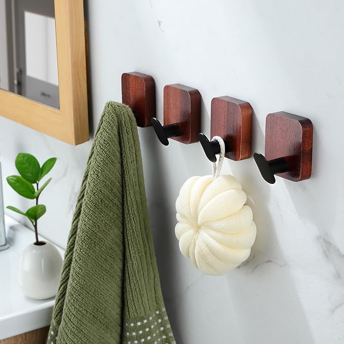 DELITON Acacia Wooden Towel Hooks Red Brown, 4 Pack Sticky Hooks for Hanging Towels, Coat, Hat, Robe, Heavy Duty, No Damage