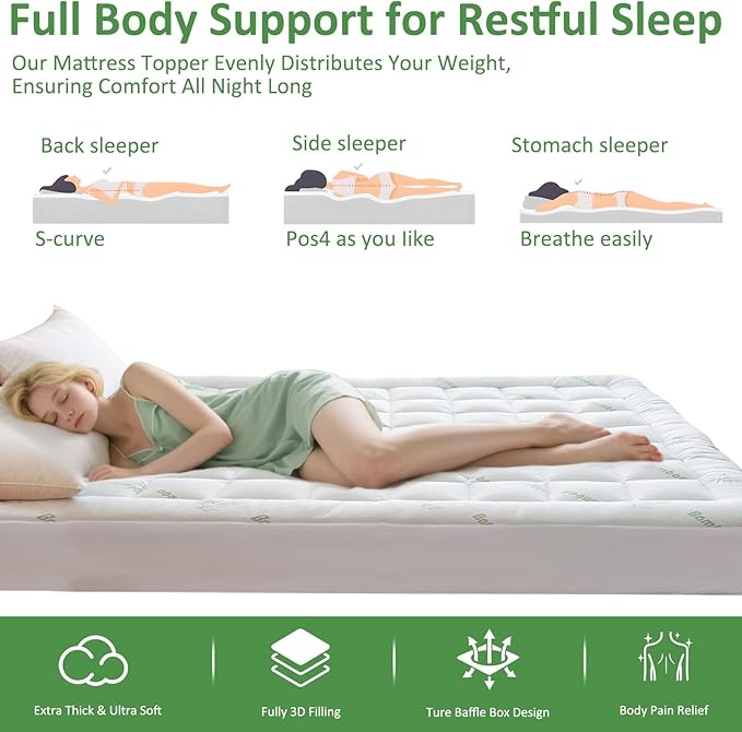 Bioeartha Cooling Mattress Topper Full – Extra Soft Pillow Top Mattress Pad, Breathable Viscose Made from Bamboo Mattress Protector for Back Pain Relief, Deep Pocket Cover Fits 8–21 Inch