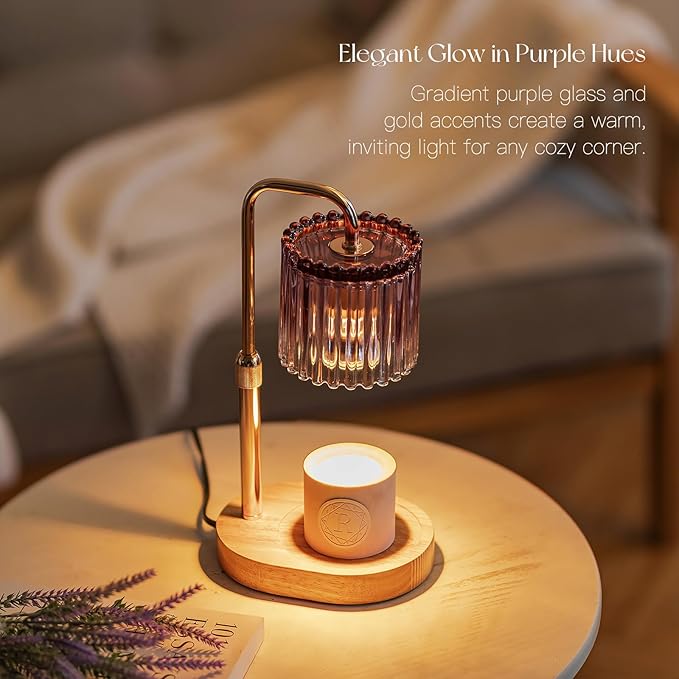 Candle Warmer Lamp with Timer: Purple Candle Warming Lamp with 2 Bulbs Height Adjustable Wax Melt Dimmable Bedroom Decor for Women