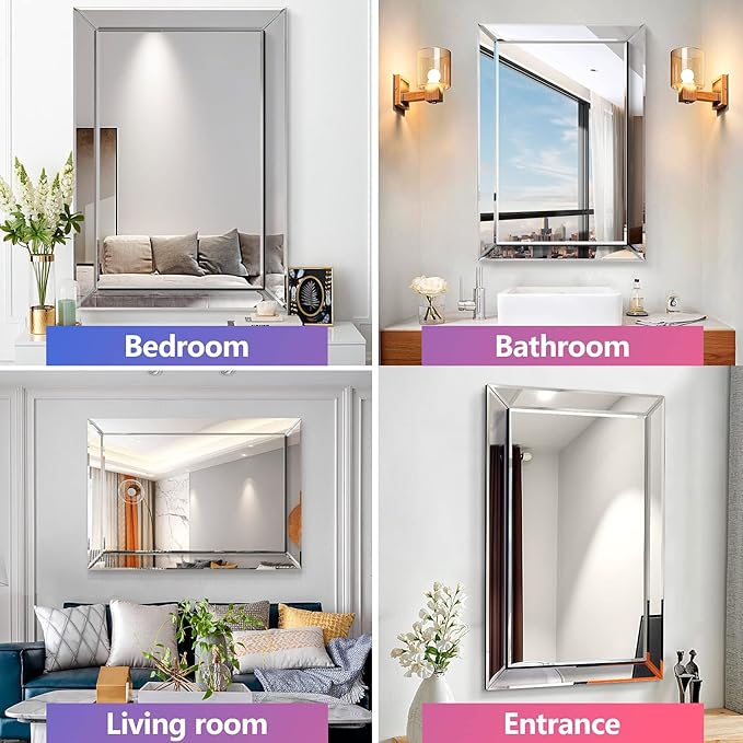 Pregaspor Wall Mirror for Bathroom, 24" x 36" Rectangular Frameless Vanity Mirror, Polished Beveled for Over Sink