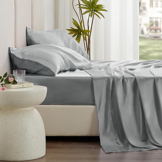 Love's cabin Satin Queen Sheets Set - 4 Piece Silver Silky Bed Sheets with Deep Pocket, Luxury Silk Feel Satin Queen Size Sheet Set (1 Flat Sheet,1 Fitted Sheet,2 Pillow Cases)
