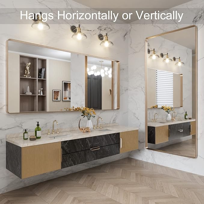 LOAAO 72”X32” Gold Bathroom Mirror, Rounded Rectangle Gold Frame Mirror, Brushed Gold Bathroom Vanity Mirror Wall-Mounted, Anti-Rust, Tempered Glass, Hangs Horizontally or Vertically
