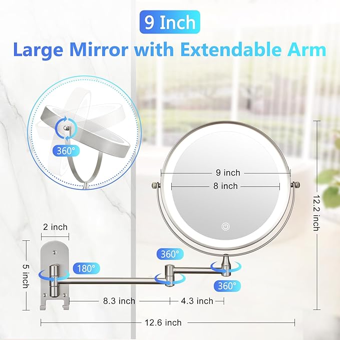 ALHAKIN 9" Wall Mounted Lighted Makeup Mirror, Rechargeable 1X/15X Magnifying Mirror with 3 Color Lights Dimmable, 360° Rotation, Nickel