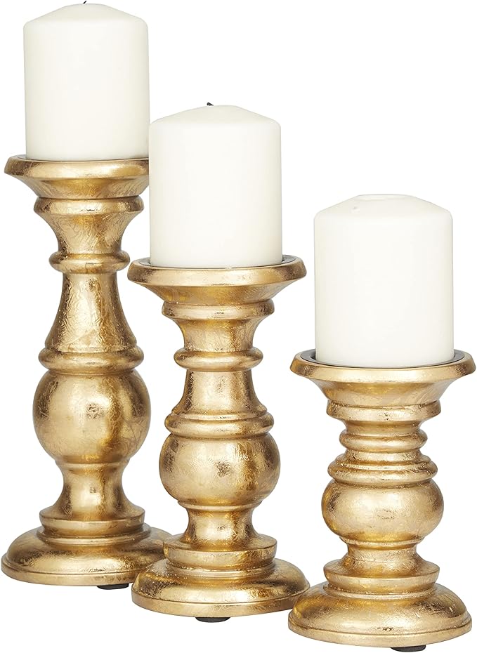 Deco 79 Mango Wood Decorative Candle Holder Turned Style Pillar Candle Stand, Set of 3 Candlestick Holder 10", 8", 6"H, Gold