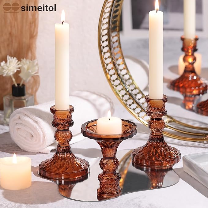 Amber Candle Holder Set of 12, Glass Taper Candle Holders, Amber Candlestick Holders, Candle Stick Holder for Table Centerpieces, Vintage, Home Decor