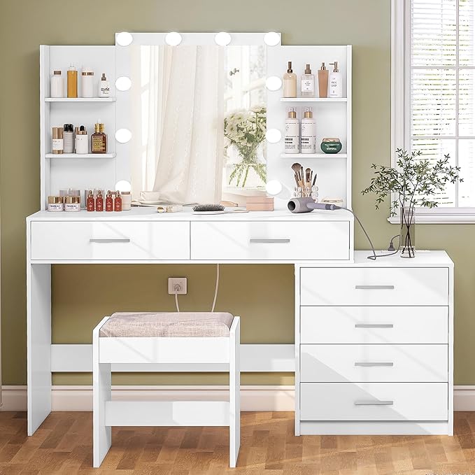 Quimoo 48" Large Vanity Desk with Mirror & Lights, Makeup Vanity Table with 6 Drawers & Power Outlet, 6 Open Storage Shelves, Vanity Desk Set with Stool, for Women Girls, White