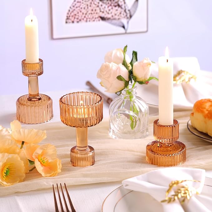 Candlestick Holders Bulk, 6 Pcs Amber Combination Candle Holders Set, Crystal Candle Holders for Wedding, Table Centerpiece, Home Decoration
