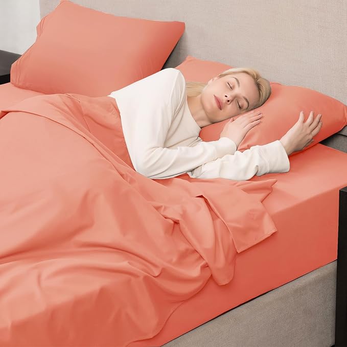 Mejoroom King Size Bed Sheet Set - Hotel Luxury 1800 Bedding Sheets & Pillowcases - 16" Deep Pocket Fitted Sheet, Soft, Breathable, Wrinkle & Fade Resistant - 4 Piece(King, Coral)