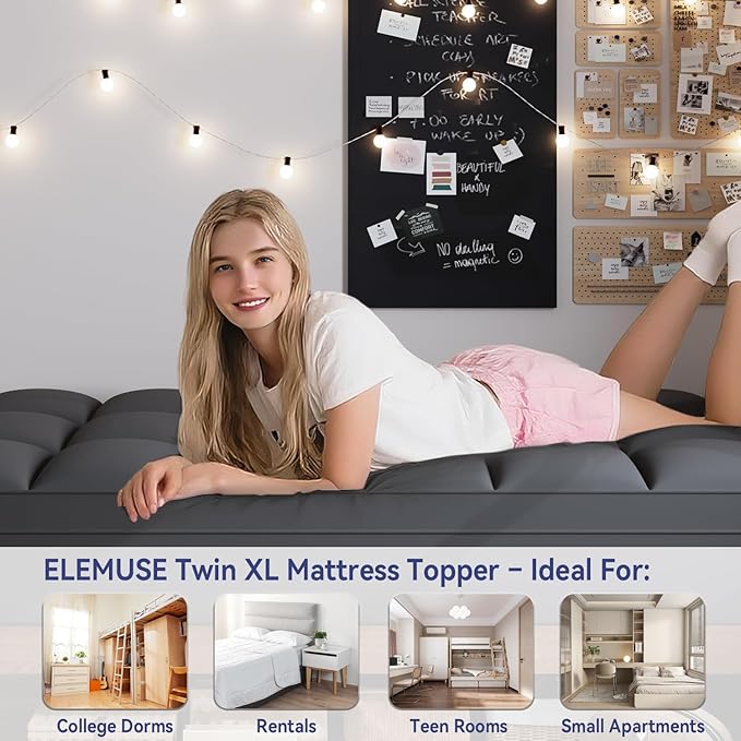 ELEMUSE Twin XL Grey Mattress Topper for College Dorm, Extra Long Twin Mattress Pad Cover for Back Pain, Plush Soft Pillowtop with Elastic Deep Pocket, Overfilled Down Alternative Filling