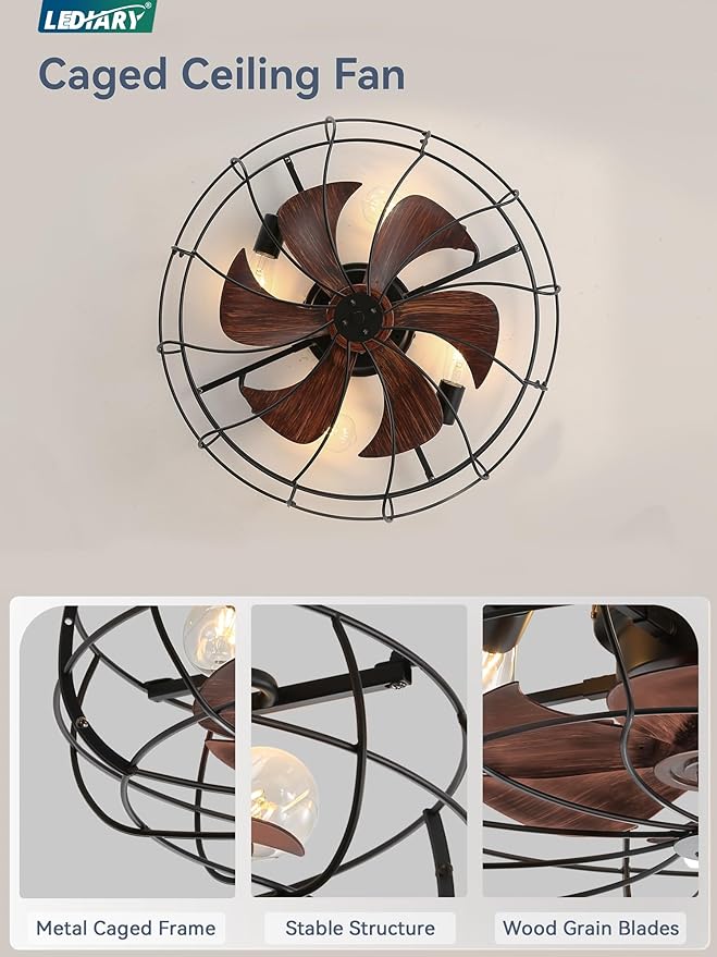 LEDIARY 23 Inch Large Caged Ceiling Fan with Light, Flush Mount Low Profile with Remote Control, Farmhouse Industrial Bladeless Fan Light for Bedroom, Kitchen, Indoor