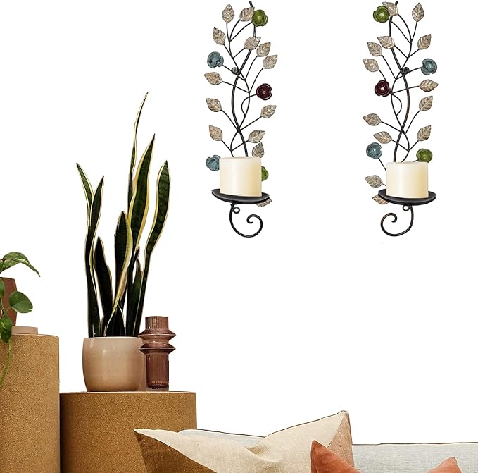 Wall Sconces Candle Holder Set of 2, Antique Leaf Branch Wall Mount Hanging Metal Candle Holder Candle Sconce for Living Room Dining Room