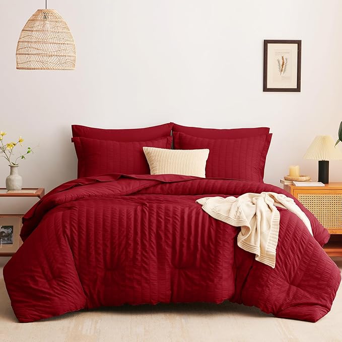CozyLux Full Size Comforter Sets with Sheets Seersucker 7 Pieces Dark Red Bed in a Bag Textured Luxury Soft Bedding Set with Down Alternative Comforter, Sheets, Pillowcases & Shams for All Seasons