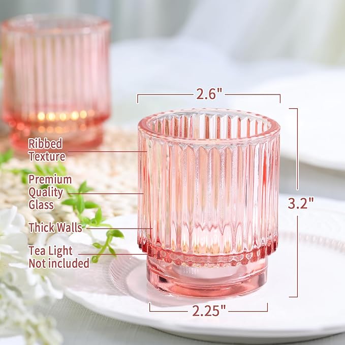 8 Pcs Large Lavender Votive Candle Holders, Tealight Ribbed Candle Holders Glass, Brildal Shower Table Decor,Wedding Centerpieces Table Decorations