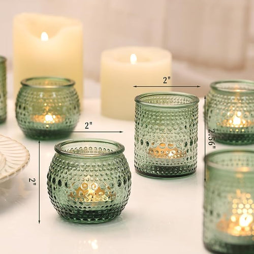 16 Pcs Assorted Green Votive Candle Holders- Glass Tealight Candle Holder for Wedding Table Decor, Green Candle Holders for Christmas, Vintage Party Table Decor