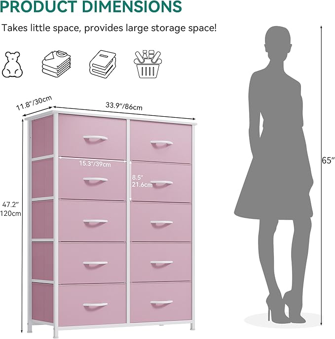 YITAHOME 10 Drawer Dresser - Pink Fabric Storage Tower, Organizer Unit for Living Room, Hallway, Closets - Sturdy Steel Frame, Wooden Top & Easy Pull Fabric Bins