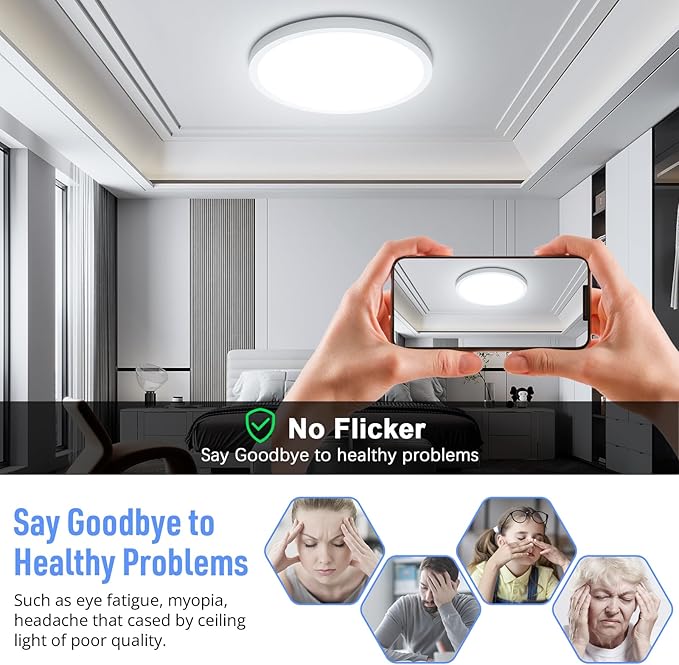 SunRider 2-Pack LED Flush Mount Ceiling Light Fixture, 5000K Daylight White, 2400LM, 12 Inch 24W 240W Equiv. Round Flat Ceiling Lamp, Non-Dimmable