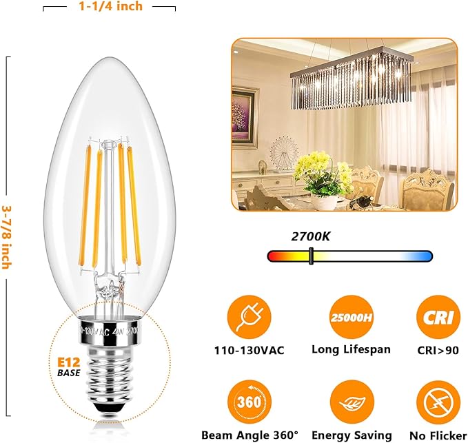 E12 LED Candelabra Bulbs 40 Watt Equivalent, 4W Vintage Candle Light Bulbs, 470Lm Warm White 2700K Edison Bulbs for Ceiling Fan, Filament Clear Glass Type B Lamp Bulbs for Chandelier (5 Packs)