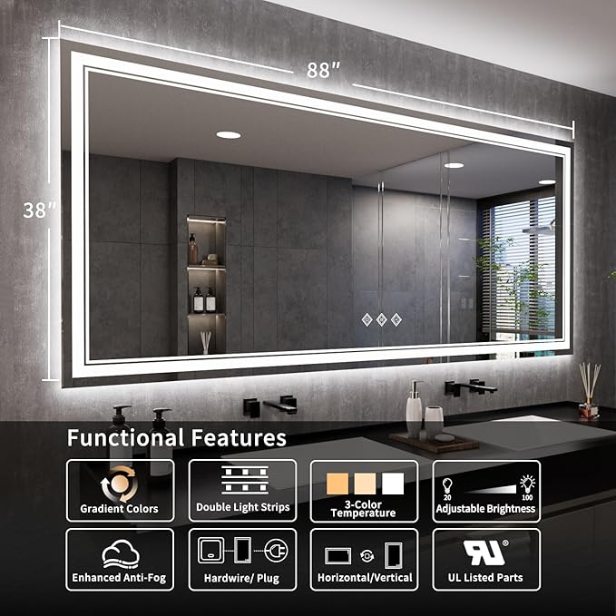 Bathroom Mirrors for Wall, 88x38 Inch Gradient Front and Backlight Big Lighted Mirror, 3 Colors Dimmable CRI>90 Double Lights, IP54 Enhanced Anti-Fog, LED Mirror for Bathroom