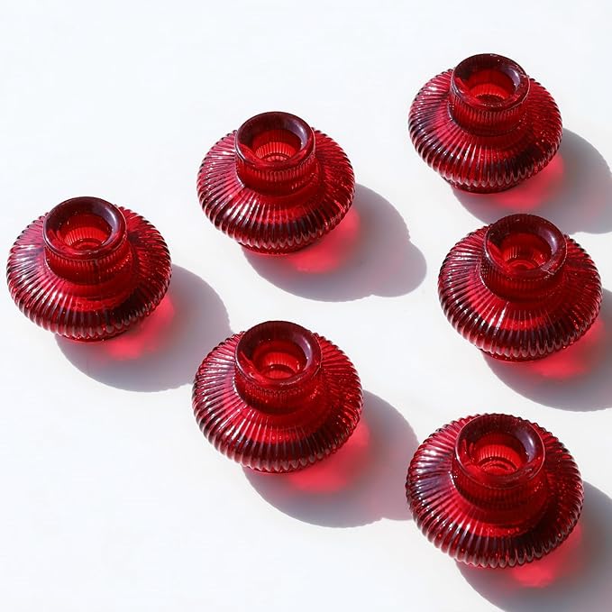 VOHO 12pcs Ribbed Taper Candle Holders for Table Centerpiece, Romantic Red Glass Candle Holder for Anniversary Wedding Decor, Double-Sided Red Tapered Candlestick Holders for Tealight & Taper Candles