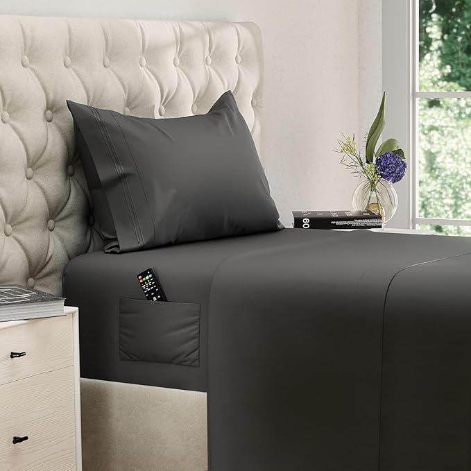 DREAMCARE Twin XL Sheet Sets – 3pcs Cooling Sheets – up to 21” Extra Deep Pocket Twin XL Sheets Set – Hotel Luxury Sheets & Pillowcases – Superior Softness 100% Fine Microfiber with Side Pocket – Gray
