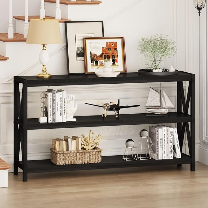 FATORRI Console Table for Entryway, Long Sofa Table with Shelves Under Window, Wood and Metal Hallway Tables for Foyer (55 Inch, Black)