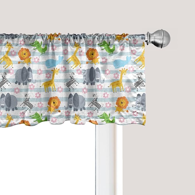 Ambesonne Savannah Window Valance Pack of 2, Friendly Zoo Animals with Happy Faces Cartoon Characters on Stripes Print, Rod Pocket Curtain Valances for Kitchen Bedroom, 42" X 12", Pale Azure Blue