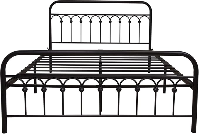 YALAXON Vintage Sturdy Queen Size Metal Bed Frame Basic with Headboard and Footboard,No Box Spring Needed,Under Bed Storage (Queen,Black)
