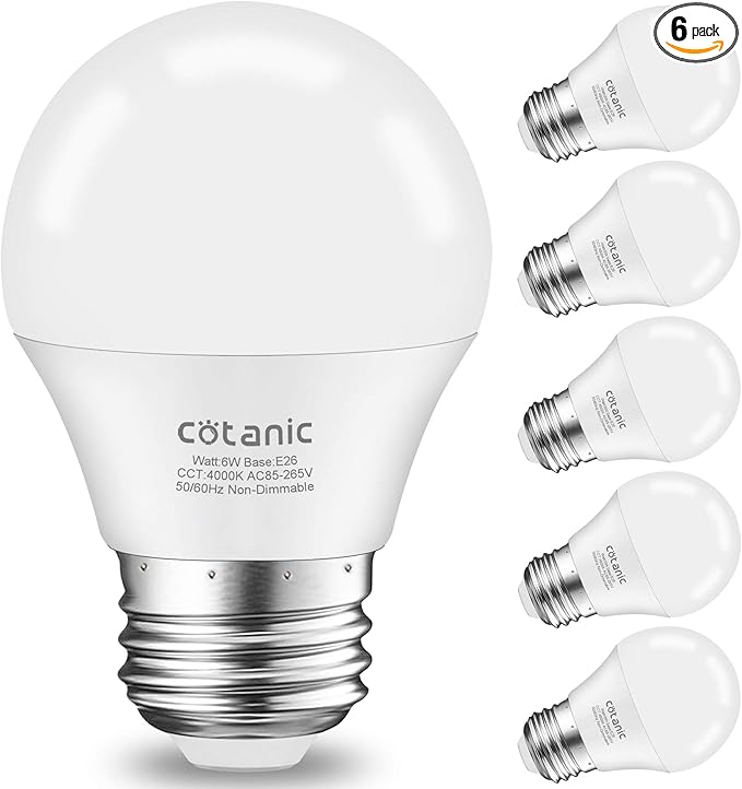 Cotanic A15 LED Bulb, Ceiling Fan Bulbs 6W (60W Equivalent),4000K Natural Daylight,E26 Standrad Base Light,600lm,CRI 80+ LED Globe Shape Bulb,Non-Dimmable,6 Packs