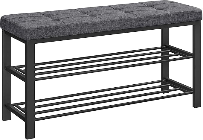 SONGMICS Shoe Bench, Storage Bench, Entryway Bench with Cushion, Shoe Shelf with Seat, Space-Saving, Modern Style, for Living Room, Bedroom, Hallway, Dark Gray and Ink Black ULBS579B33