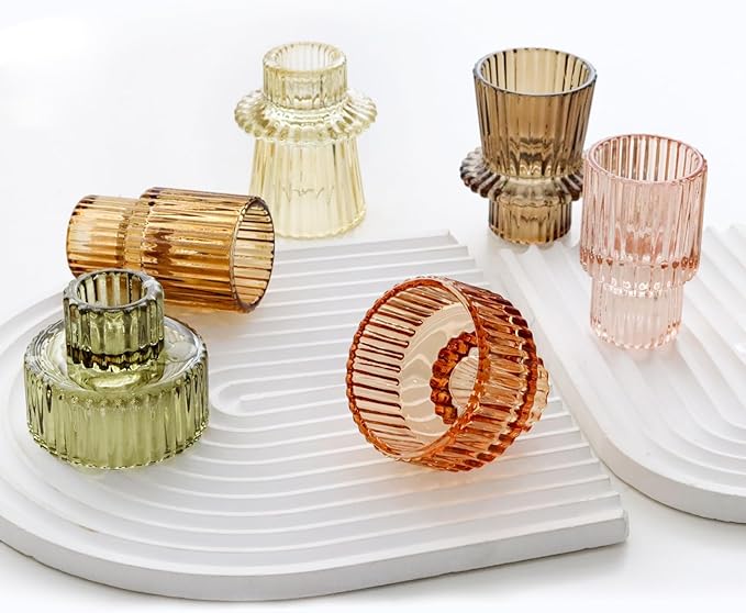 Brown Candlestick Holders 12PCS Ribbed Glass Taper Candle Holders Set for Tealight Candlestick Candles, Table Centerpieces for Thanksgiving Christmas Farmhouse Decor Indoor and Outdoor