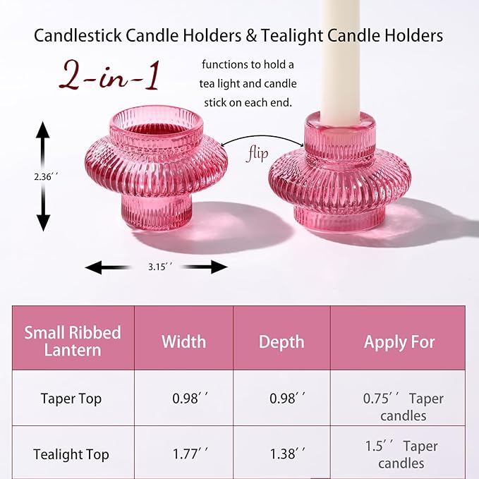 Pink Candlestick Holders Set of 10, Pink Glass Candle Holders for Pillar Candles, Taper Candle and Tealight Candles, Taper Candle Holders for Wedding, Table Centerpiece