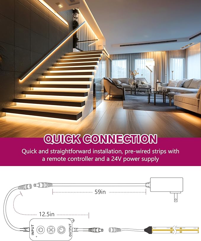 EMITEVER COB LED Strip Lights Kit Warm White with Remote & 24V Power Supply,16.4ft Dimmable Tape Light 3000K, High Density 2400LEDs, 305+LM/FT, CRI90+, Suitable for Bedroom Kitchen Cabinet Lighting