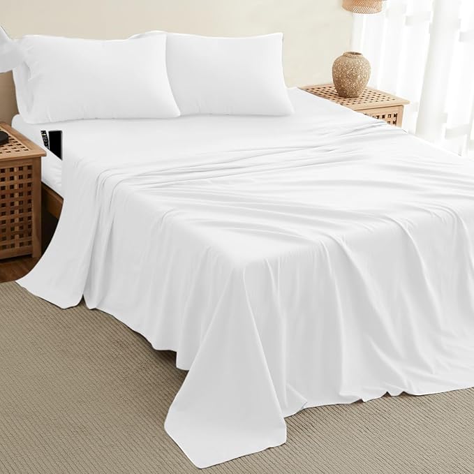 DREAMCARE Twin XL Sheet Set - Cooling Bed Sheets - 4pc Set - Up to 15" Deep Pocket Sheets - Soft & Long Lasting 100% Fine Brushed Polyester with Side Pocket - White