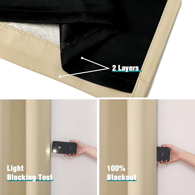 ChrisDowa 100% Blackout Curtains 84 inch Long for Bedroom with Black Liner, 2 Thick Layers Total Blackout Thermal Insulated Grommet Window Curtains 2 Panels Set (Beige, 38 x 84 Inch)