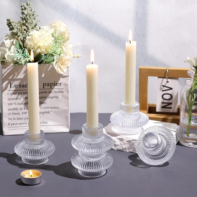 Candle Stick Candle Holder Set of 8, Taper Candle Holders for Wedding Table Centerpiece, Ribbed Glass Votive Candle Holders for Christmas, Romantic Dinner, Festival & Windowsill Decor