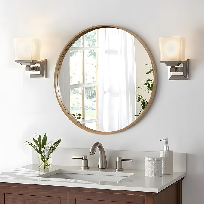 WallBeyond Round Wood Mirror 28" Circle Wall Mirror for Bathroom Round Wall Mirror for Wall Decor, Vanity, Entryway Living Room, Honey