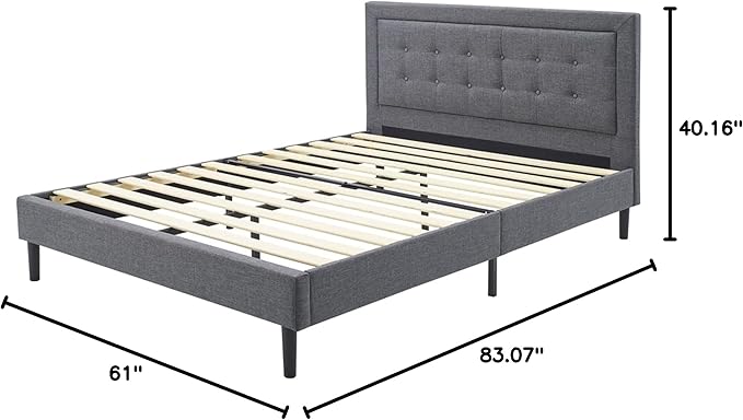 Decoro Mornington 2.0 Upholstered Platform Bed | Headboard and Metal Frame with Wood Slat Support, Grey, Queen Size