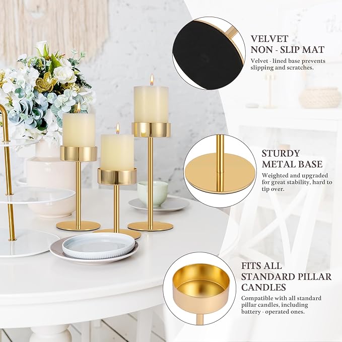 Pillar Candle Holders Set of 3, 3.15" Diameter Gold Metal Candlestick Holder for Pillar & Flameless Candles. Ideal Decoration for Table,Fireplace,Living,Dining Room,Perfect for Wedding,House Gift.
