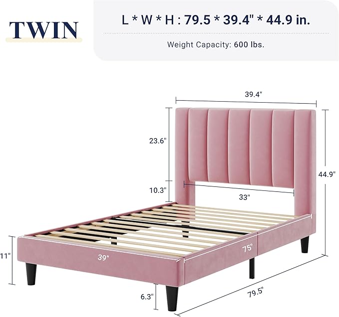 Allewie Twin Bed Frame/Velvet Upholstered Bed Frame with Vertical Channel Tufted Headboard/Strong Wooden Slats/Platform Bed Frame/Mattress Foundation/Box Spring Optional/Easy Assembly/Pink