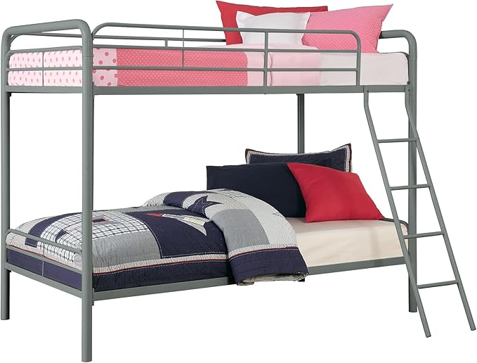 DHP Twin-Over-Twin Bunk Bed with Metal Frame and Ladder, Space-Saving Design, Silver Twin/Twin