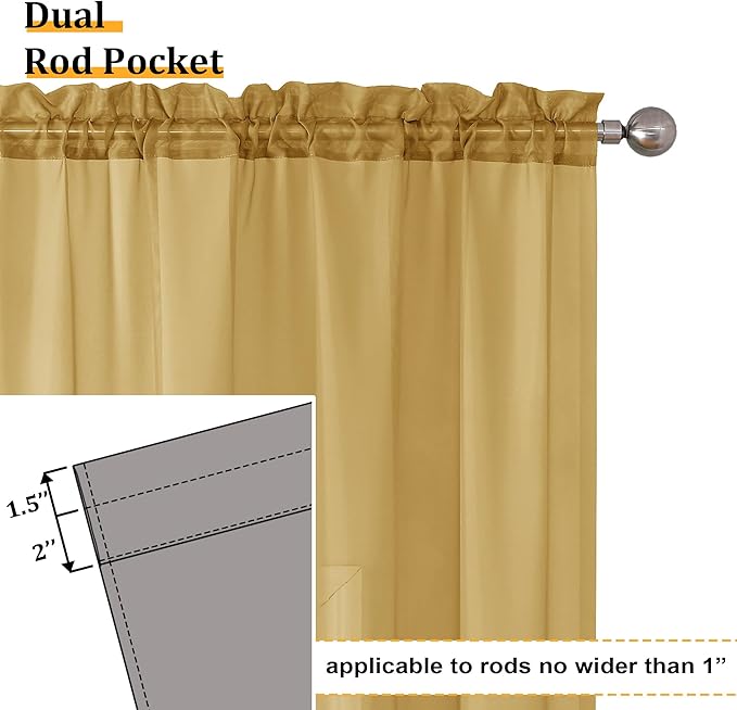 Aiyufeng Gold Sheer Curtains 72 Inch Length 2 Panels Set, Light Filtering Gold Window Curtain Drapes Treatment for Kitchen, Bedroom,Children Room, Dual Rod Pocket, 2 Pack of 42 x 72"