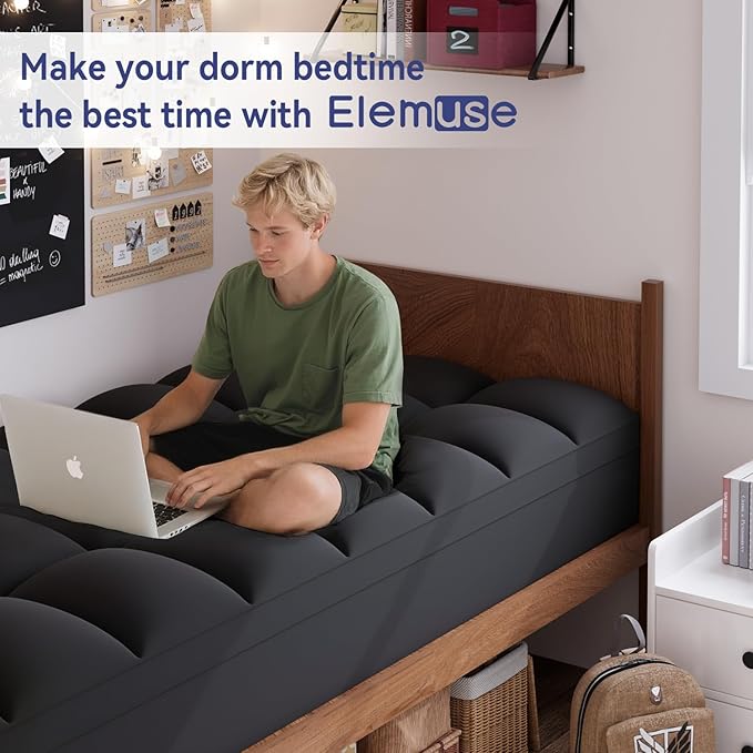 ELEMUSE Twin Black Mattress Topper for Back Pain, Extra Thick Mattress Pad Cover, Plush Soft Pillowtop with Elastic Deep Pocket, Overfilled Down Alternative Filling