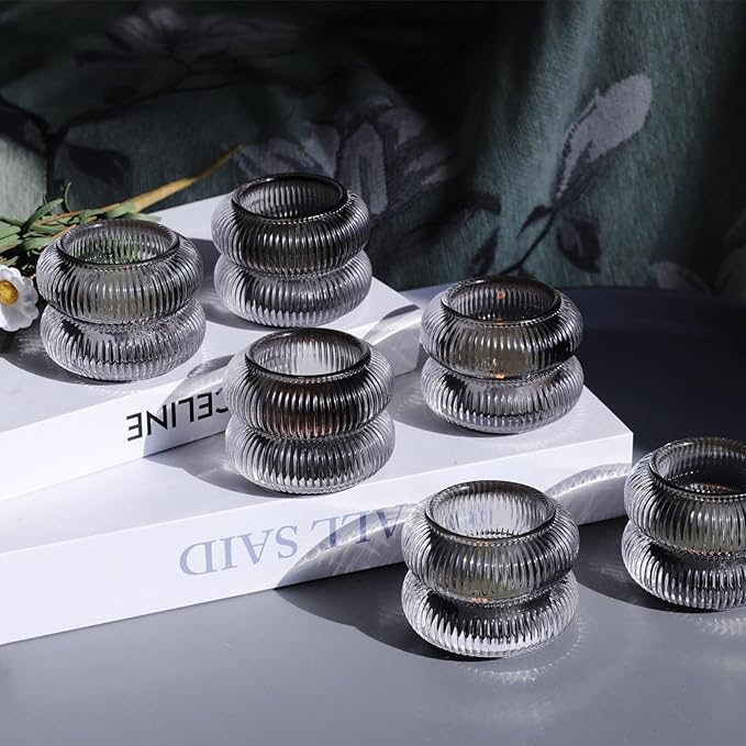 Woho Smoke Grey Votive Candle Holders Set of 6, Vintage Ribbed Tealight Candle Holder for Daily Home Decor, Classy Tea Light Candle Holder Glass for Living Room Table Decor(Grey, 2.1" H X 2.75" D)