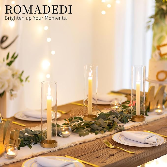 Romadedi Glass Hurricane Candle Holders Gold - 12 Inch Taper Candlestick Holder Bulk Clear Glass Cylinder Table Centerpiece Wedding Decor Party Birthday Christmas Home Decorations, Set of 10