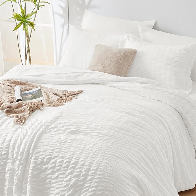 CozyLux Oversized Queen Comforter Set White Seersucker 7 Pieces 98x98 Bed in a Bag Comforter Set with Sheets, Luxury Soft Bedding Sets with Down Alternative Comforter, Sheets, Pillowcases & Shams